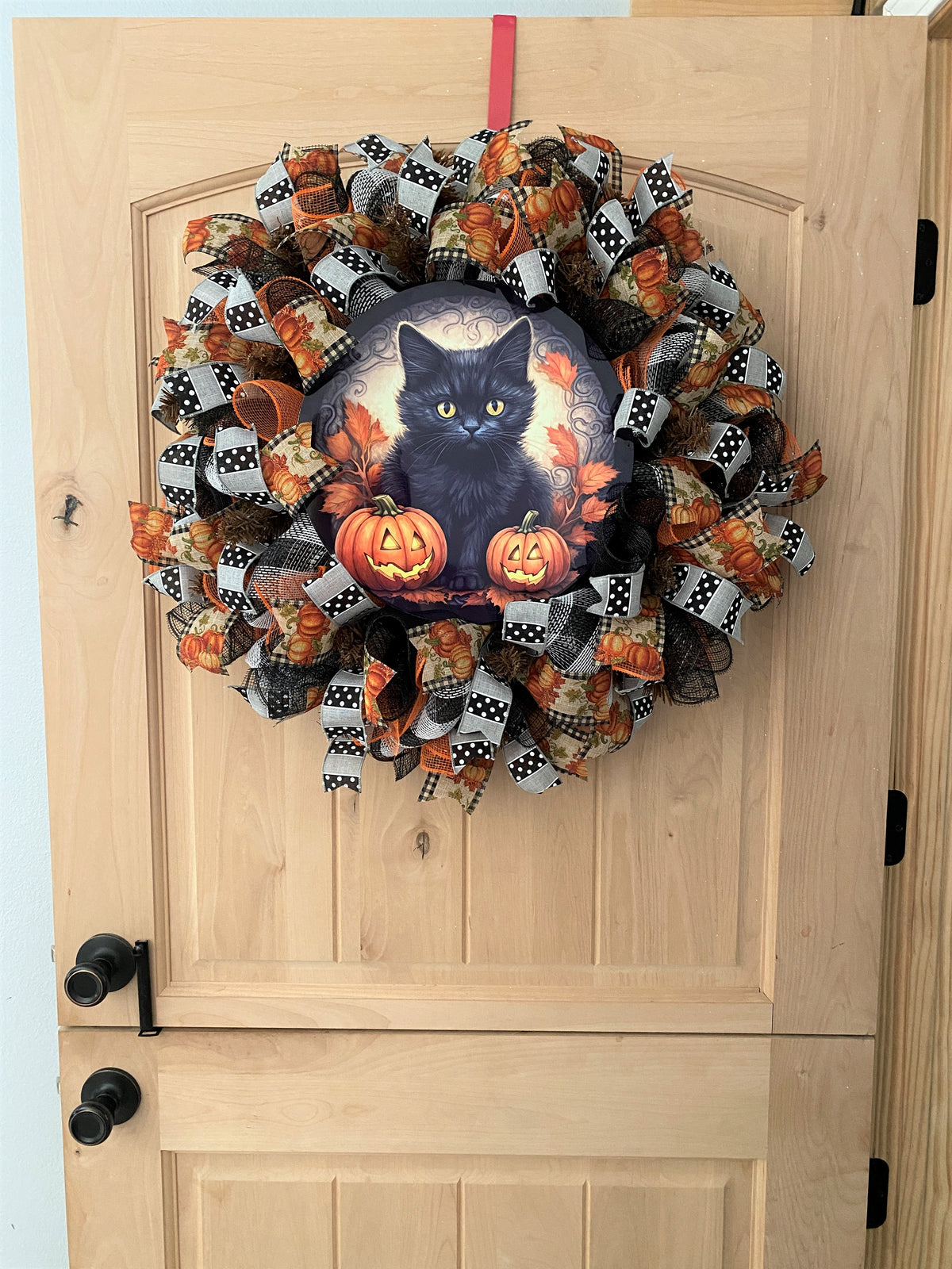 Fall, Black Kitten, Jack O' Lanterns, Fall Leaves, Pumpkins, Halloween, Falloween, Deco Mesh, Wired Ribbon, Wreath