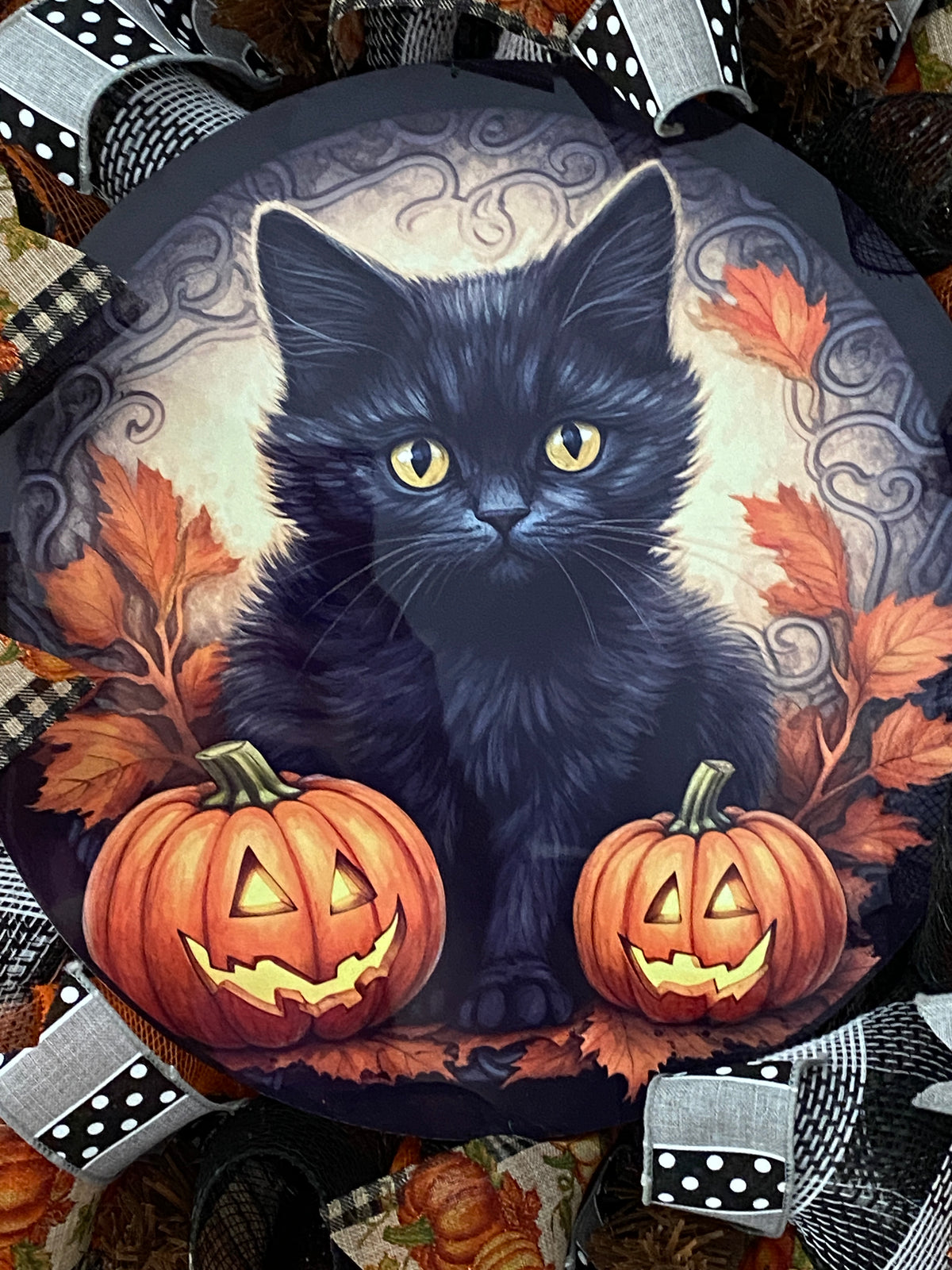 Fall, Black Kitten, Jack O' Lanterns, Fall Leaves, Pumpkins, Halloween, Falloween, Deco Mesh, Wired Ribbon, Wreath