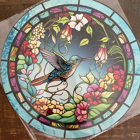 BLEMISHED Sign, Hummingbird Sign, Stain Glass Print, 8" UV Metal Round Sign, No Holes