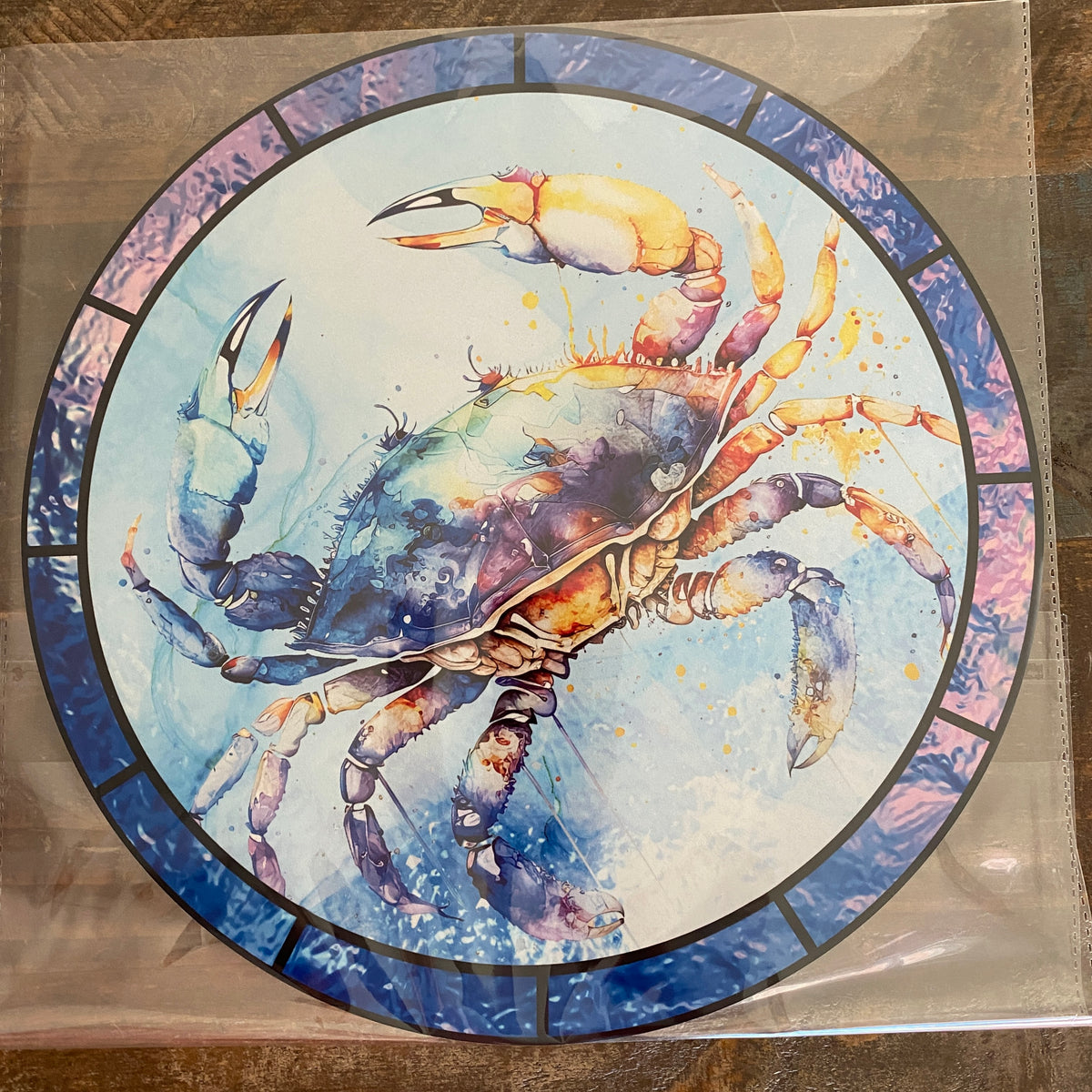 BLEMISHED Sign, Crab, Stain Glass Print, 11.75" UV Metal Round Sign, No Holes