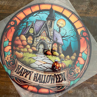 BLEMISHED Sign, Happy Halloween, Haunted House  Sign, 11.75" UV Metal Round Sign, No Holes