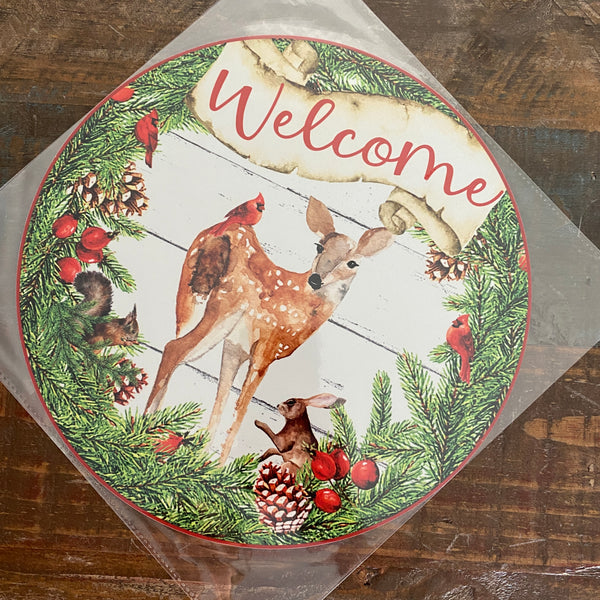 BLEMISHED Sign, Welcome, Deer, 10" UV Metal Round Sign, No Holes