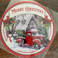 BLEMISHED Sign, Classic Red Truck, Snowman, Merry Christmas, 10" UV Metal Round Sign, No Holes