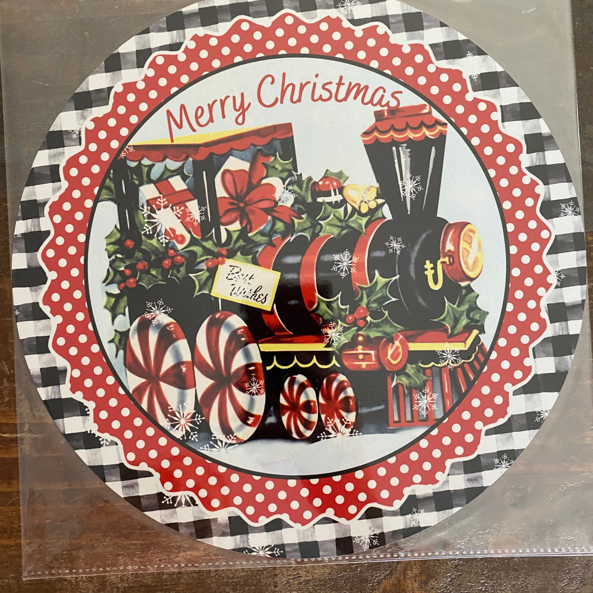 BLEMISHED Sign, Merry Christmas,Train, 10" UV Metal Round Sign, No Holes