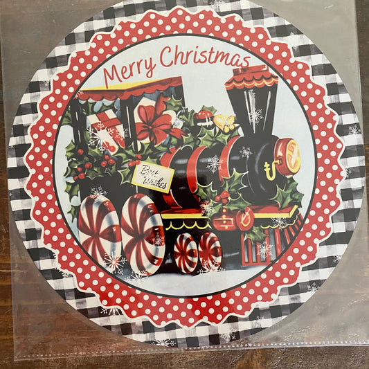 BLEMISHED Sign, Merry Christmas,Train, 10" UV Metal Round Sign, No Holes