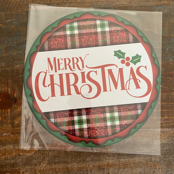 BLEMISHED Sign, Merry Christmas, Red Plaid, 10" UV Metal Round Sign, No Holes