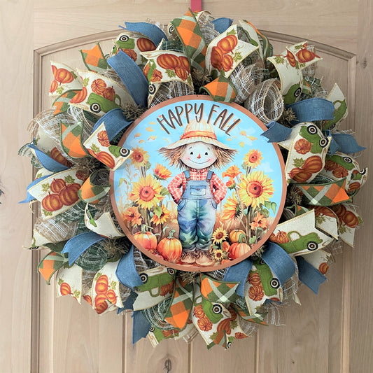 Happy Fall Scarecrow, Sunflowers, Pumpkin Patch,  Farm Truck, Deco Mesh Wreath
