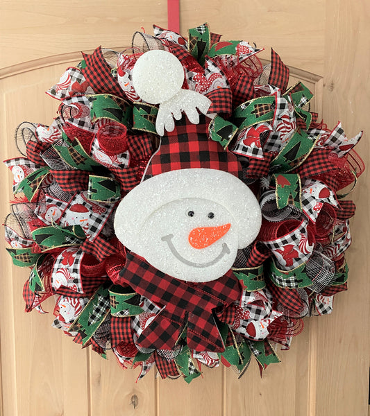 Snowman, Red And Black, Buffalo Plaid, Deco Mesh Wreath