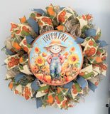 Happy Fall Scarecrow, Sunflowers, Pumpkin Patch,  Farm Truck, Deco Mesh Wreath