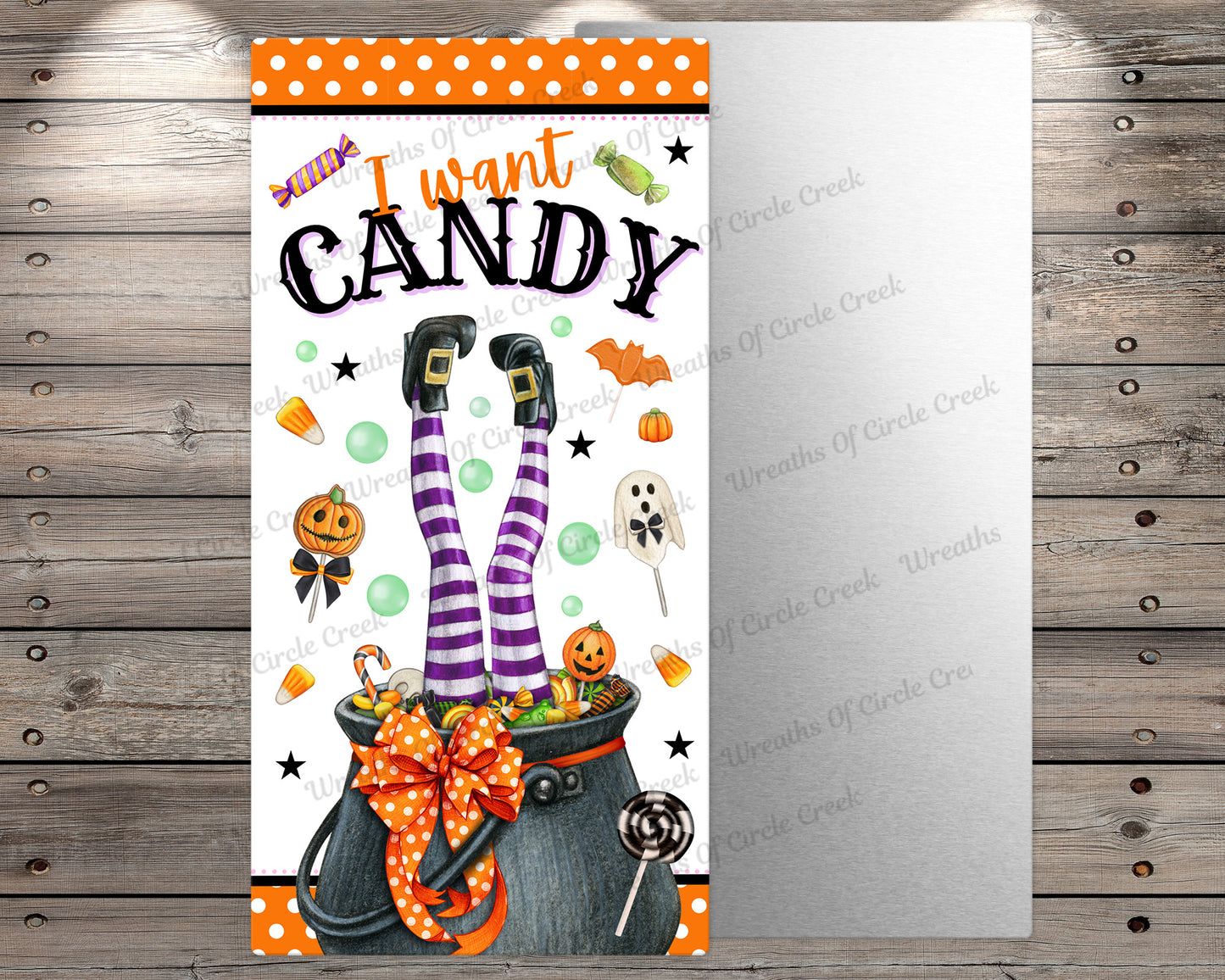 I Want Candy | 6" x 12" Halloween Sign | Lightweight Metal | No Holes in Sign | Fun Witch and Pumpkin Art for Halloween