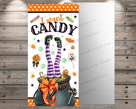 I Want Candy | 6" x 12" Halloween Sign | Lightweight Metal | No Holes in Sign | Fun Witch and Pumpkin Art for Halloween