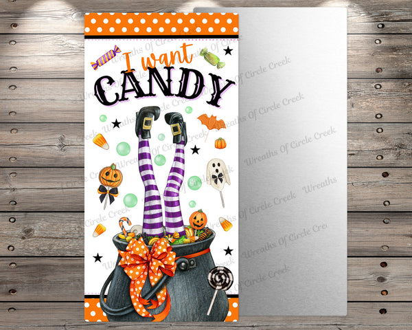 I Want Candy | 6" x 12" Halloween Sign | Lightweight Metal | No Holes in Sign | Fun Witch and Pumpkin Art for Halloween
