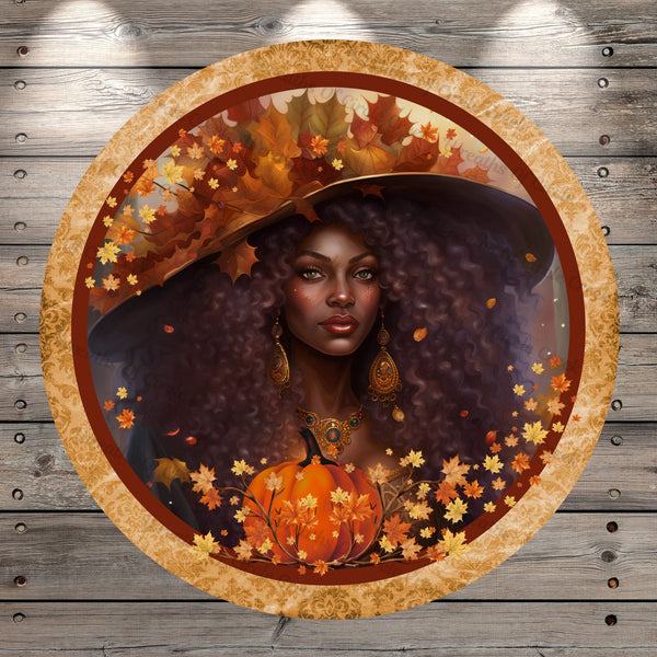 Mystical, Fall, African American, Witch, Fall Leaves, Pumpkin, Light Weight, Metal Sign, No Holes