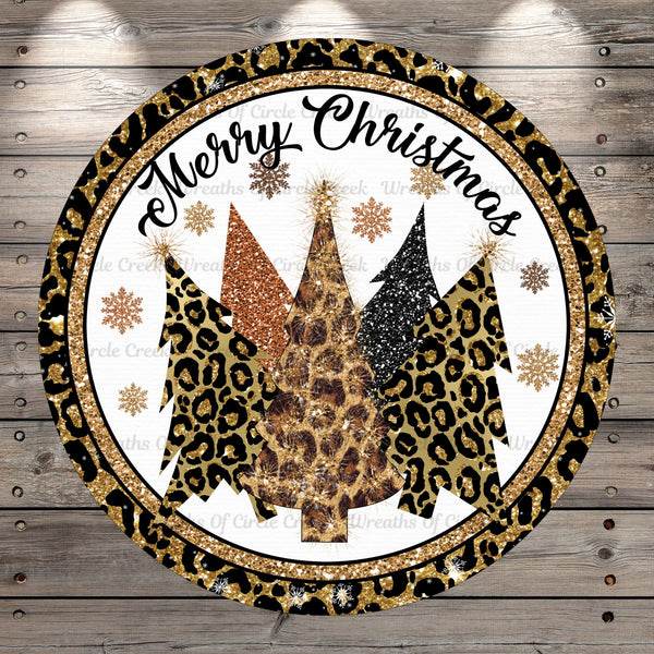 Christmas Trees, Pattern, Leopard, Gold, Merry Christmas, Round, Light Weight, Metal, Wreath Sign, No Holes In Sign