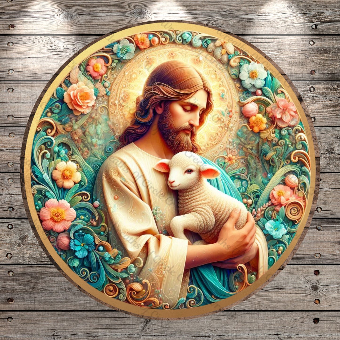 Jesus Holding Lamb Wreath Sign, Whimsical Faux 3D Collage, Easter, Christian Art, Round Lightweight Metal, No Holes In Sign, Wreath Decor