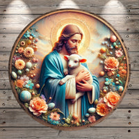 Jesus Holding Lamb, Faux 3D, Wreath Sign, Whimsical Collage, Mountain Background, Round Lightweight Metal, No Holes In Sign, Wreath Decor