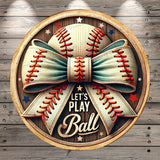 Let's Play Ball Lightweight Round Metal Wreath Sign | Rustic Baseball Bow, Faux Wood, Door Hanger, No Holes In Sign