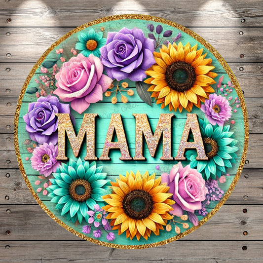MAMA Floral Wreath | Round Lightweight Metal Wreath Sign | Teal & Lavender Roses, Sunflowers, Glittery Letters | No Holes In Sign