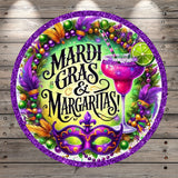 Mardi Gras & Margaritas, Mask, Feathers, Beads, Collage, Fun, Round, Light Weight, Metal Wreath Sign, No Holes In Sign