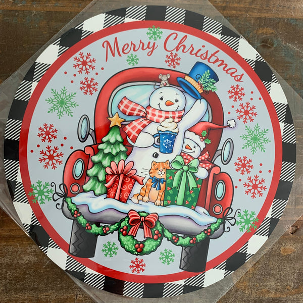 BLEMISHED Sign, Snowman And Friends, Merry Christmas, Red Truck, Plaid Border, 11.75" UV Metal Round Sign, No Holes