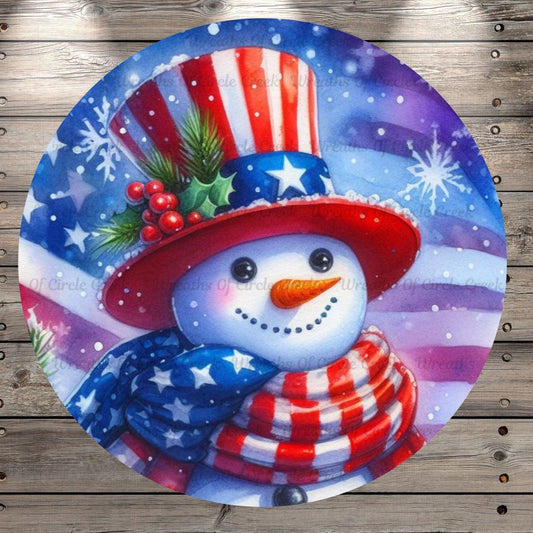 Patriotic Snowman, Whimsical, Round, Light Weight, Metal Wreath Sign, No Holes
