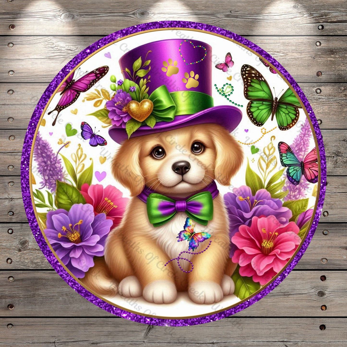 Mardi Gras Puppy Wreath Sign, Let the Good Times Wag, Lightweight, Metal Wreath Sign, No Holes In Sign