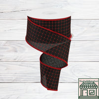 Red And Black, Raised Stitched, Squares, Wired Ribbon, 2.5" X 10 YD, RG01678WJ