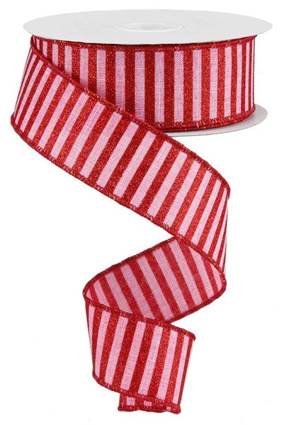 Glitter Stripes, Pink, Red, Wired Ribbon, 1.5" x 10 Yards, RG0168822