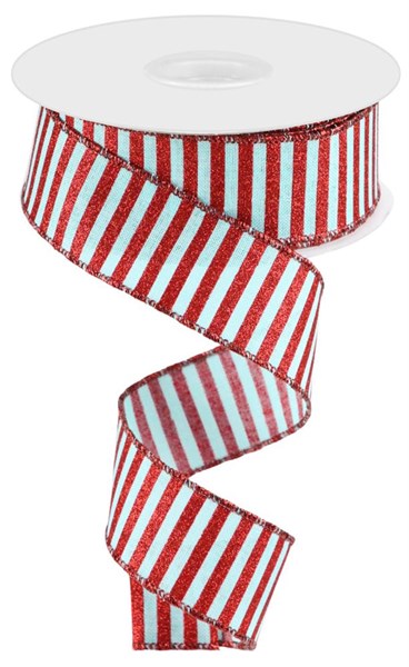 Glitter Stripes, Ice Blue, Red, Wired Ribbon, 1.5" x 10 Yards, RG01688H1