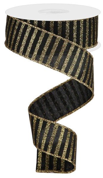 Glitter Stripes, Black, Gold, Wired Ribbon, 1.5" x 10 Yards, RG0169102