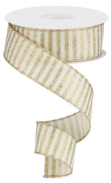 Glitter Stripes, Cream, Gold, Wired Ribbon, 1.5" x 10 Yards, RG0169164