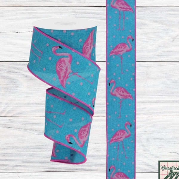 Flamingo Ribbon, On Royal, Wired Ribbon, Turquoise, Pink, Black, 2.5" X 10 YD., RG01698A2