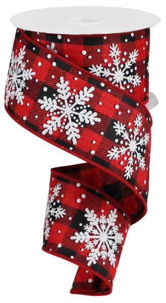 Glittered Snowflakes, Buffalo Plaid, Red, Black, White, Wired Ribbon, 2.5" X 10YD, RG01764A9