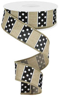Polka Dot, Stripes, Light Beige, Black, White, Wired Ribbon, 1.5" x 10 Yards, RG0196701