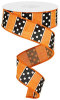Polka Dot, Stripes, Orange, Black, White, Wired Ribbon, 1.5" x 10 Yards, RG0196720