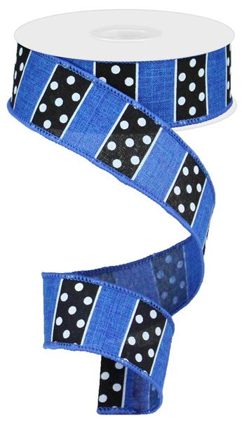Polka Dot, Stripes, Royal Blue, Black, White, Wired Ribbon, 1.5" x 10 Yards, RG0196725