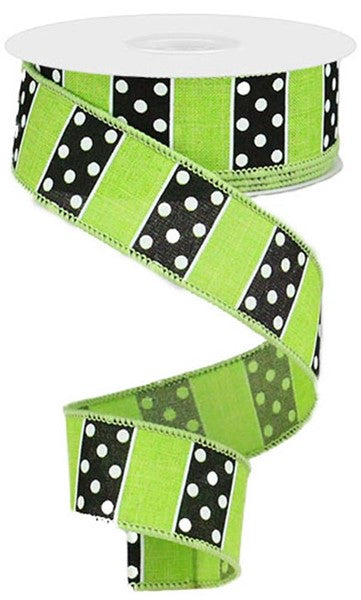 Polka Dot, Stripes, Lime Green, Black, White, Wired Ribbon, 1.5" x 10 Yards, RG01967E9
