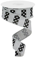 Polka Dot, Stripes, Light Grey, Black, White, Wired Ribbon, 1.5" x 10 Yards, RG01967FK