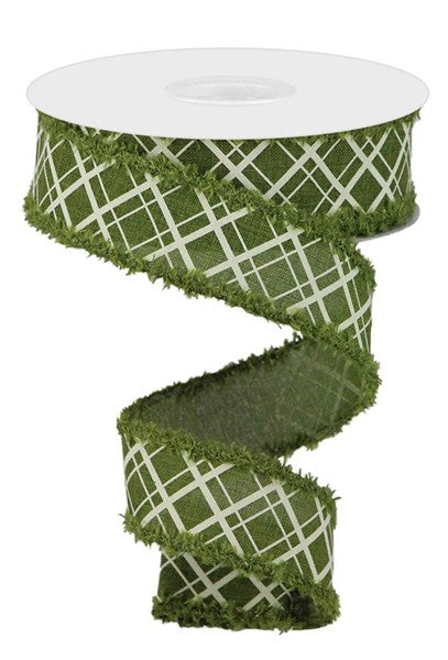 Moss, Ivory, Line Check, On Royal, Drift, Canvas, Wired Ribbon, 1.5" X 10 Yards,  RG0810052