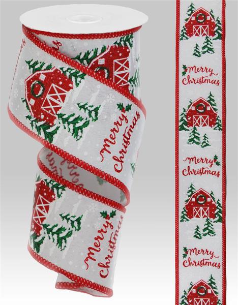 Merry Christmas, Barn, On Royal, White, Red, Green, Glitter, Red Stitching, Wired Ribbon, 2.5" X 10YD, RG0877227