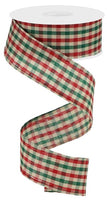 Gingham Check, Red, Emerald Green, Cream, Wired Ribbon, 1.5" X 10 YD, RGA11025J