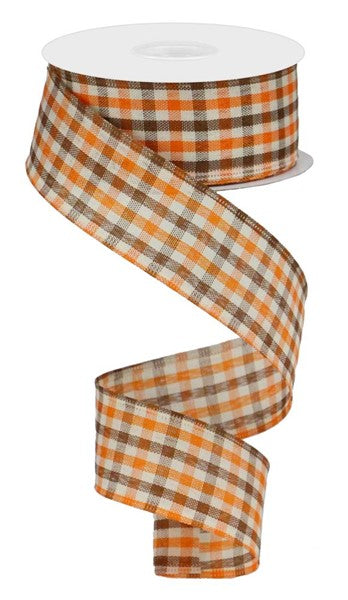 Gingham Check, Orange, Brown, Ivory, Wired Ribbon, 1.5" X 10 YD, RGA1102YJ