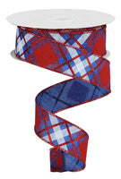 Glitter Plaid On Royal, Royal Blue, Red, White, Wired Ribbon, 1.5" X 10YD, RGA120125