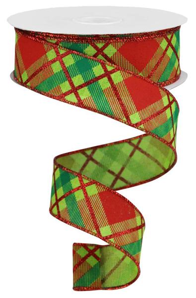 Glitter Plaid On Royal, Lime Green, Red, Emerald Green, Wired Ribbon, 1.5" X 10YD, RGA12012Y