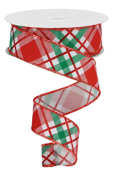 Glitter Plaid On Royal, White, Red, Emerald Green, Wired Ribbon, 1.5" X 10YD, RGA120158