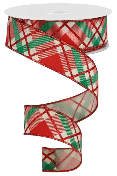 Glitter Plaid On Royal, Cream, Red, Emerald Green, Wired Ribbon, 1.5" X 10YD, RGA12015J