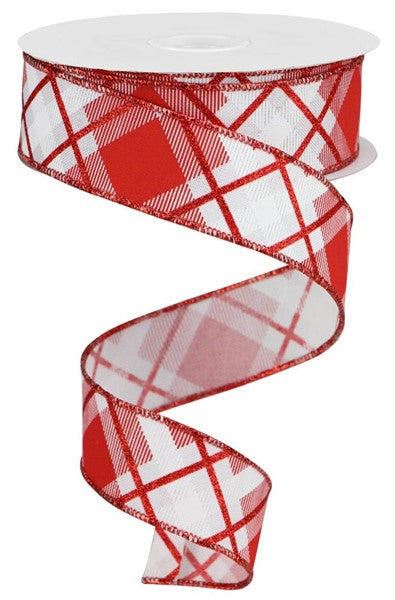 Glitter Plaid On Royal, Red, White, Wired Ribbon, 1.5" X 10YD,  RGA1201F3