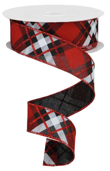 Glitter Plaid On Royal, Black, Red, White, Wired Ribbon, 1.5" X 10YD, RGA1201WJ