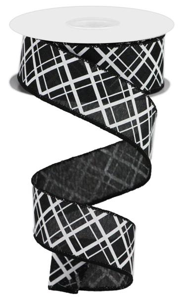 Thick and Thin, Diagonal Check, Black, White, Wired Ribbon, 1.5" X 10YD, RGA150502