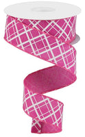 Thick and Thin, Diagonal Check, Fuchsia, Pink, White, Wired Ribbon, 1.5" X 10YD, RGA150507